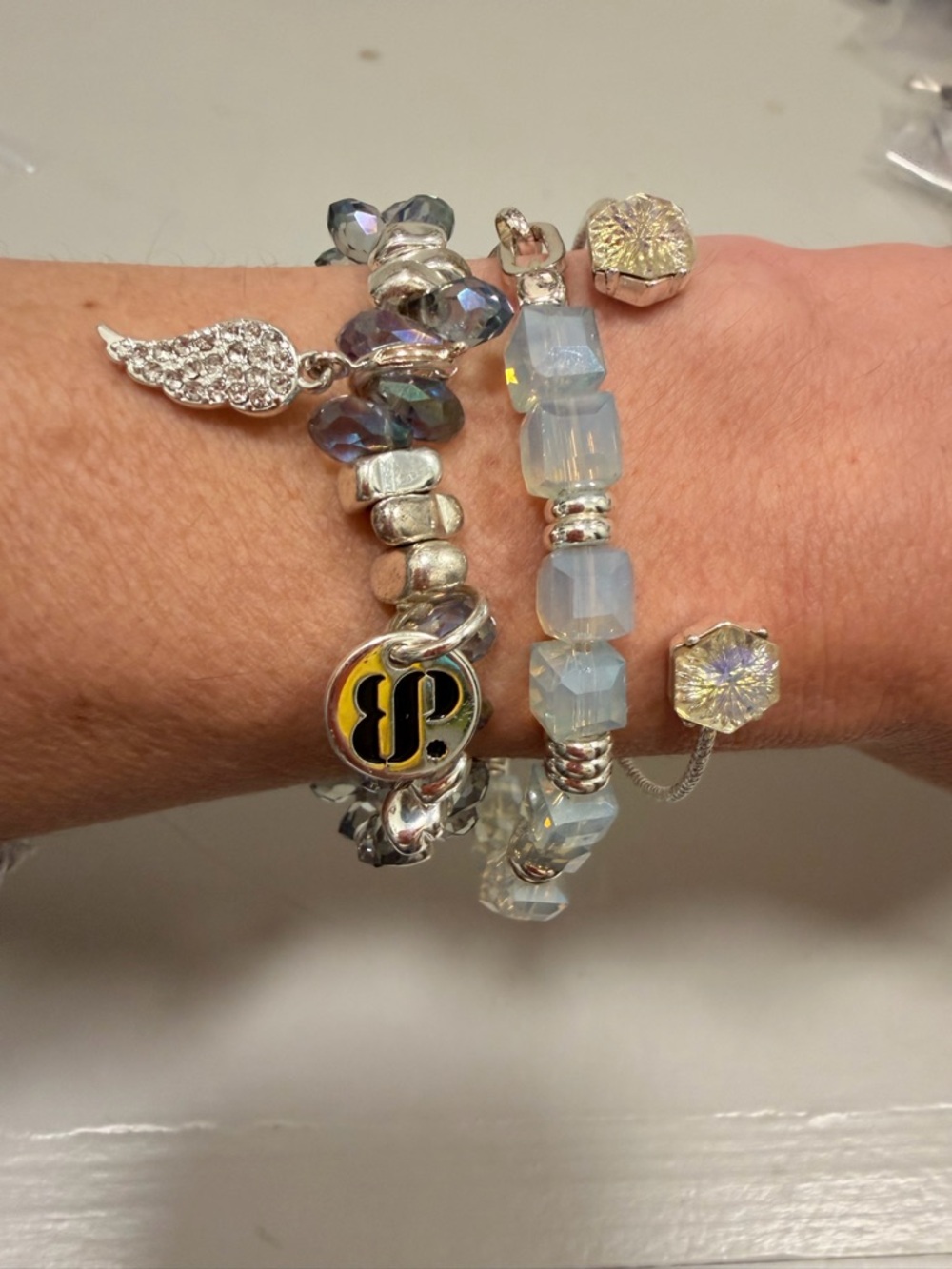 BOMB PARTY Angel wing stack! Silver-Tone Charm Bracelet Set with Light Blue